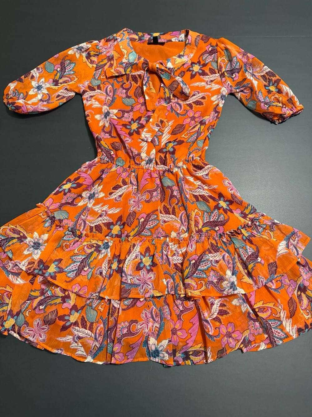 Jessica Simpson Dress Size XS Orange Floral Tiered Ruffle Mini